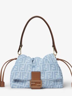 Fendi Light Blue FF Jacquard Shoulder Bag with Brown Trim